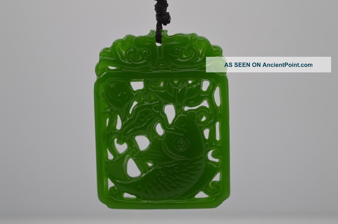 Hand - Carved Green Jade Natural Sided Hollow Pendant - Necklace Fish Necklaces & Pendants photo