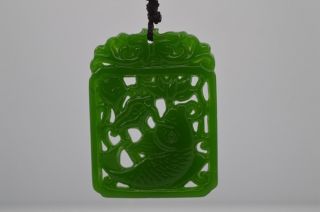 Hand - Carved Green Jade Natural Sided Hollow Pendant - Necklace Fish photo