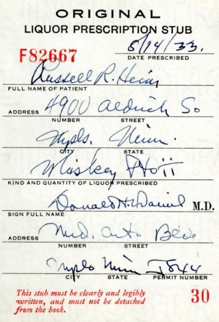 Prohibition Whiskey 2 Pints Prescription Old Doctor ' S Stub Russell Mn Bar 1933 photo