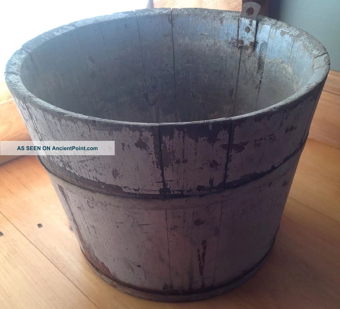 Antique Vermont Wooden Sap Bucket Syrup Bucket Old Gray And Red Paint Primitive Primitives photo