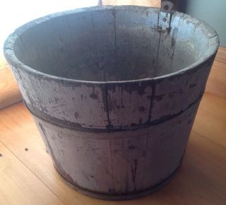 Antique Vermont Wooden Sap Bucket Syrup Bucket Old Gray And Red Paint Primitive photo