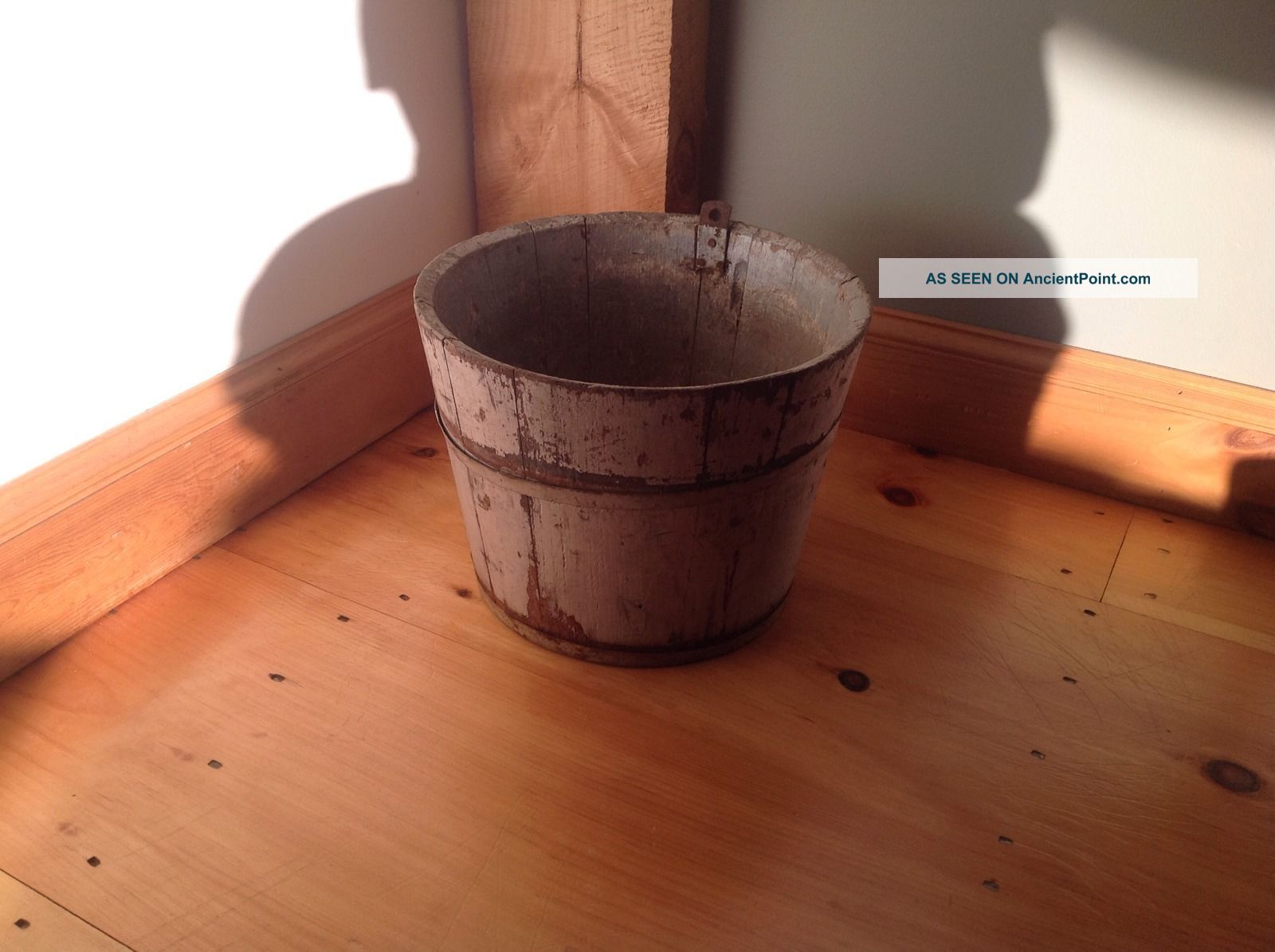 Antique Vermont Wooden Sap Bucket Syrup Bucket Old Gray And Red Paint