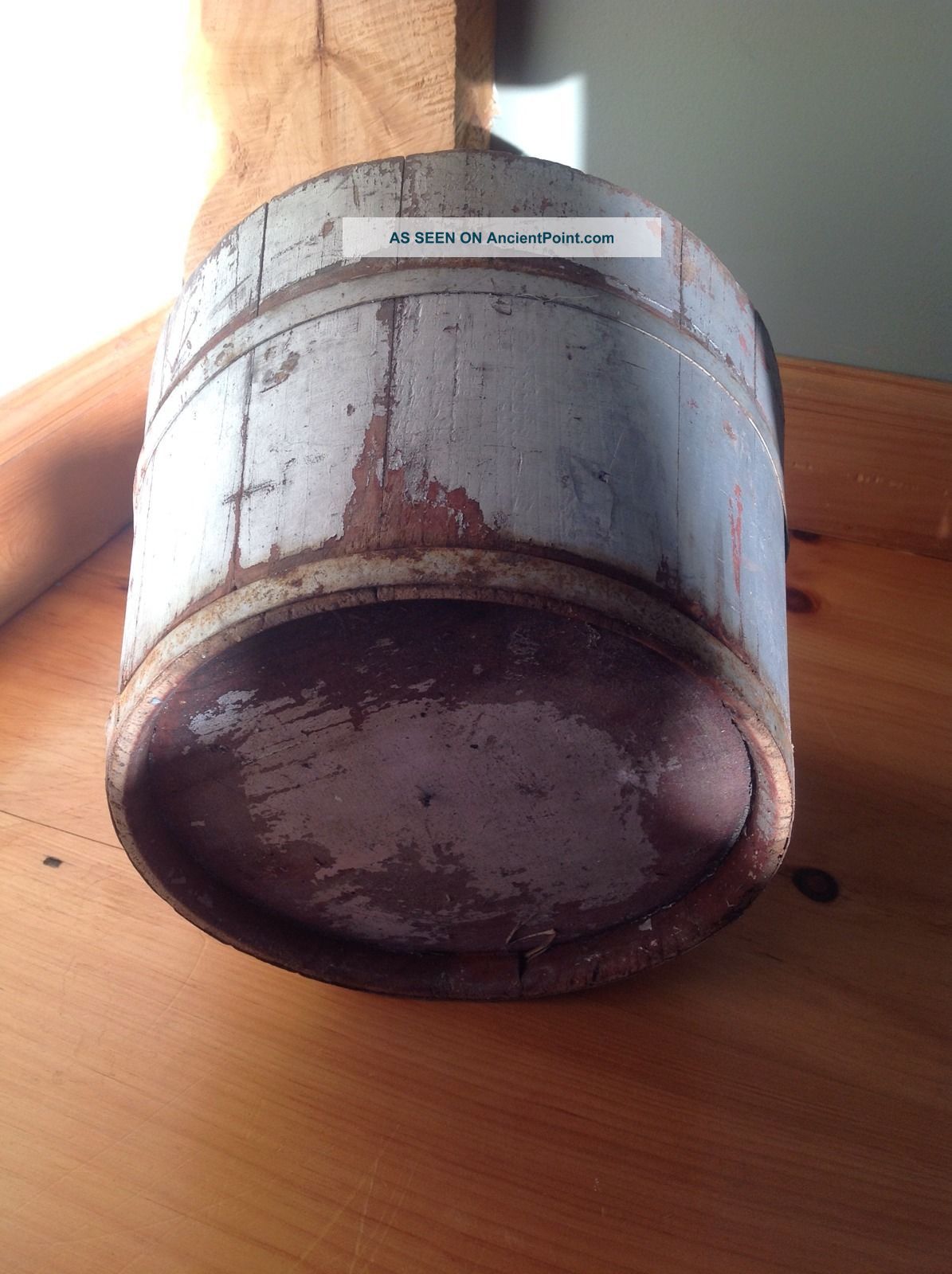 Antique Vermont Wooden Sap Bucket Syrup Bucket Old Gray And Red Paint