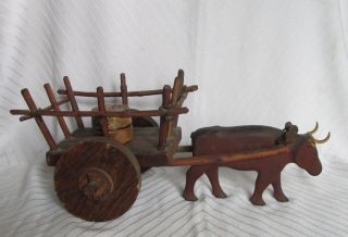Antique Primitive Folk Art Hand Carved Wood Oxen Pulling Cart W/barrel photo