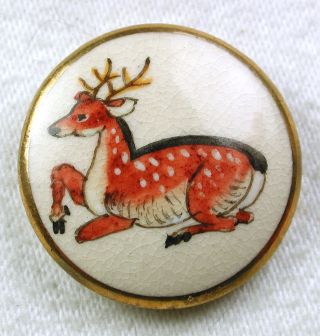 Vintage Satsuma Button Hand Painted Resting Deer Design W/ Gold Accents 1 & 1/8 photo