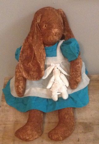 Primitive Grungy Muslin Brown Cinnamon Spice Vintage Bunny Rabbit W/ Own Doll photo