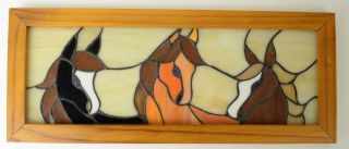 Vintage Stained Glass 3 Horse Wood Framed Window 20 