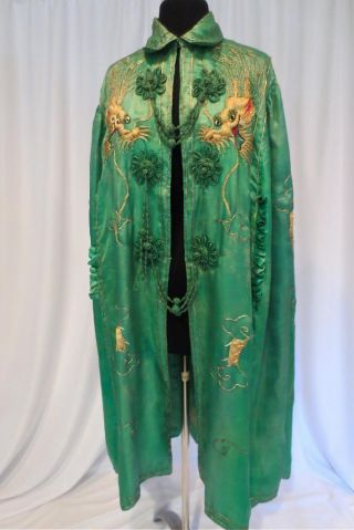 Emerald Green Silk 1920 ' S Chinese Opera Dragon Cape W Metallic Gold Couching photo