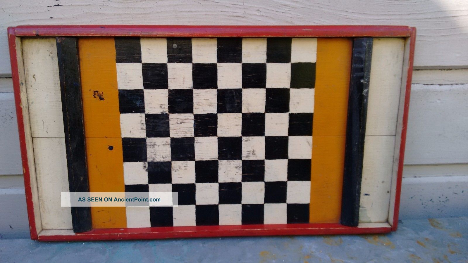 Antique Signed 100 Year Old Painted Game Board In Bittersweet,  Black / Razberry Primitives photo