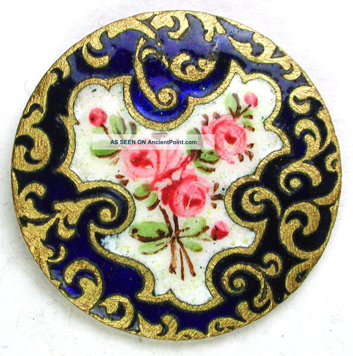 Antique French Enamel Button Hand Painted Roses W/ Cobalt - Paris Back Buttons photo