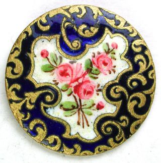 Antique French Enamel Button Hand Painted Roses W/ Cobalt - Paris Back photo