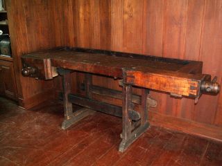 1870s Woodworking Bench T.  Kundtz Tiger Maple Dovetailed Carpenters Table Vises photo