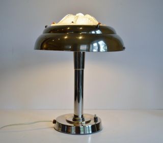 French Art Deco Ezan Glass & Chrome Bauhaus Table Desk Lamp photo