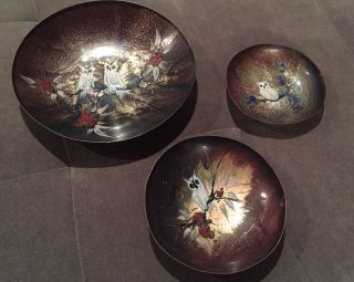 3 Vintage Enamel On Copper Vintage Mid Century Signed Bowl S Serving Bowl photo