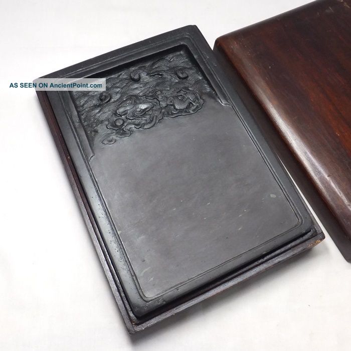 D895: Chinese Calligraphy Tools.  Ink Stone Of Tankei Style With Wooden Case.  5 Ink Stones photo