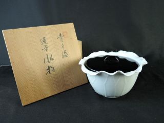 B7022:japanese Arita - Ware White Porcelain Lotus - Shaped Waste - Water Pot Kensui photo