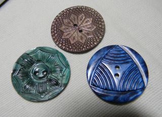 Antique Celluloid Wafer Buttons - Three Unique - Green,  Blue,  Cocoa Brown photo