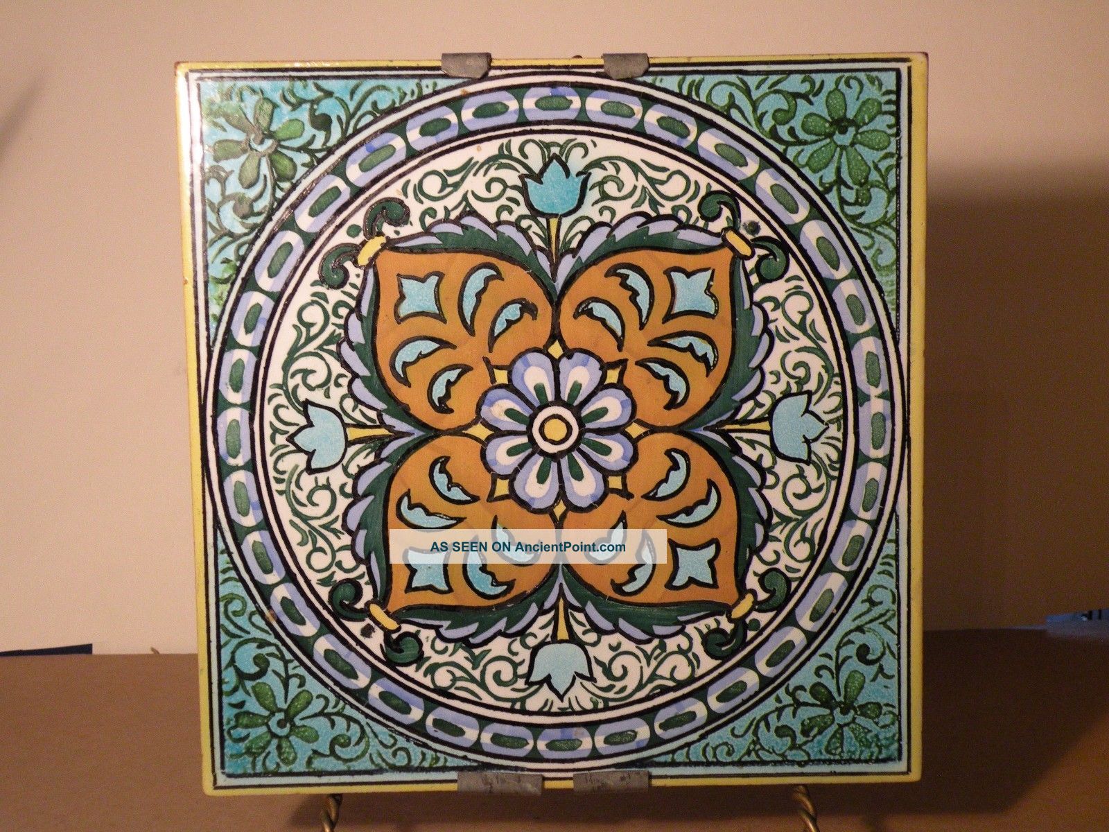 3f108 Large Iznik Style Vintage Pottery Hand Painted Tile 8 