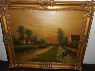 Very Old Oil Painting,  { Landscape With A River,  Boats,  And People,  Is Signed }. photo