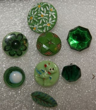 8 Antique / Vintage Green Glass Buttons Charm String,  Mouse,  Paint,  Leaf,  Swirlback photo