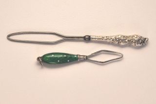 Antique Sewing Threader Embossed Sterling /green Enamel Chatelaine (2 Tools) photo
