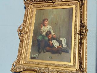 1870 - 1942 Michele Falanga Ny Oil Painting Of Boy & Friend Smoking photo