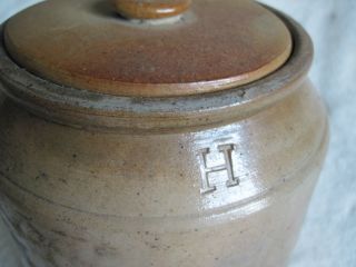 Antique Primitive Stoneware Salt Crock W/ Lid With H Mark photo