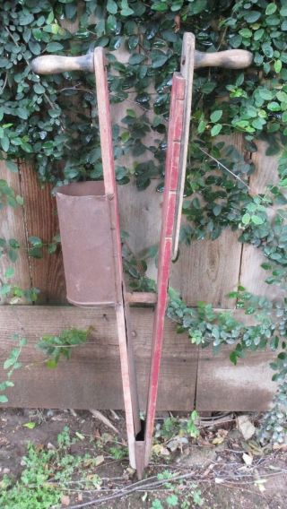Antique Wooden Hand Corn Seeder Seed Planter Old Red Garden Farm Tool Primitive photo