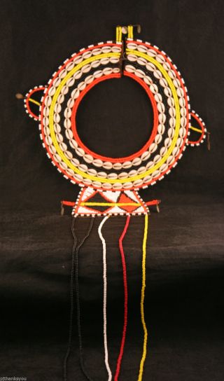 Maasai Wedding Ceremonial Beaded Collar With Shells Orange Black Yellow & White photo