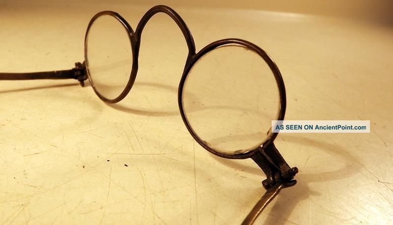 Unusual Antique Straight Stem Brass Frame Eyeglasses Signed Tedler? Early 1800s Optical photo