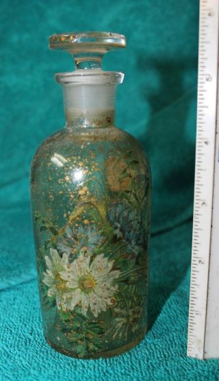 Decoupaged Apothecary Bottle Clear With Ground Glass Stopper Embossed M.  B.  W photo