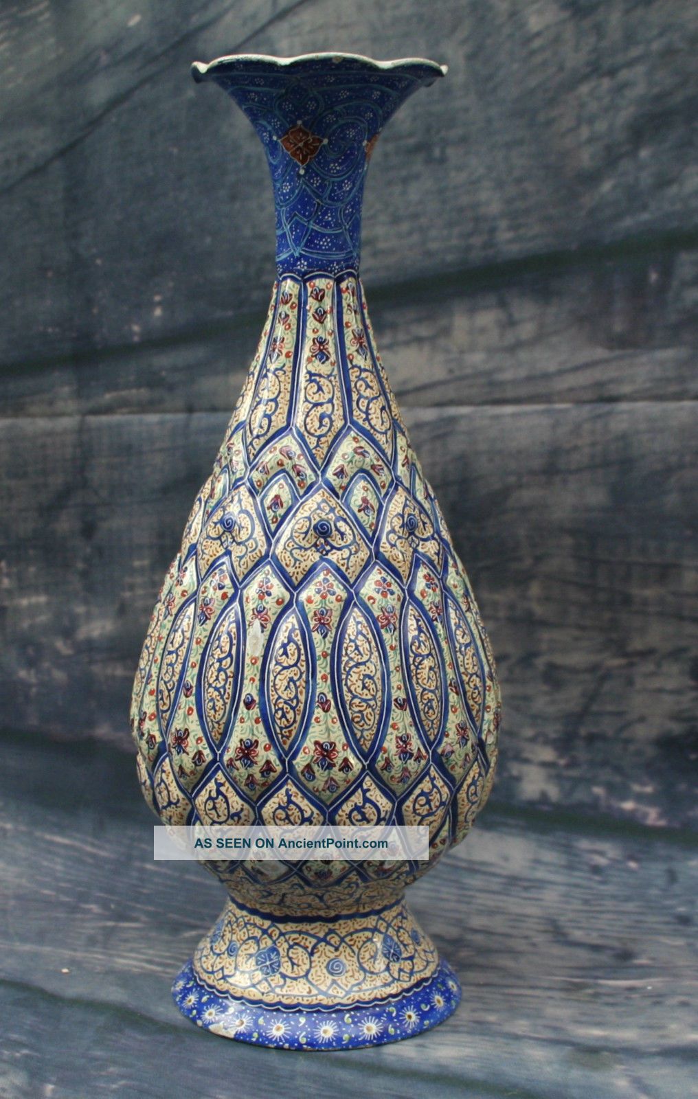 Vintage Persian Decorative Handmade Mina Kari Copper Enameled Signed Art Vase Middle East photo