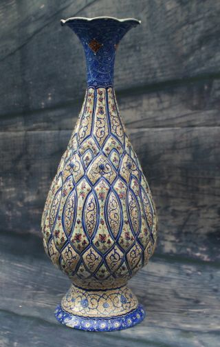 Vintage Persian Decorative Handmade Mina Kari Copper Enameled Signed Art Vase photo