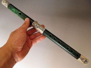 Chinese Handwork Old Tibet - Silver Carved Dragon Phoenix Antique Jade Flute photo