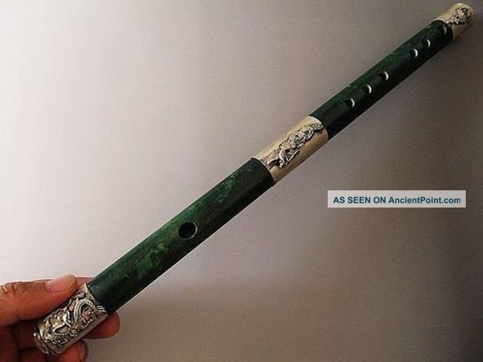 Chinese old Trabajo Hecho a Mano Tibet-Plata Labrada Dragón Phoenix Antiguo Flauta De Jade 