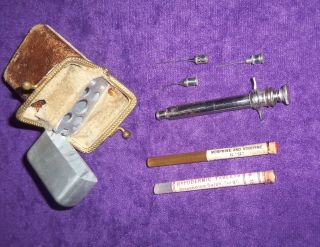 Antique Travel Medical Syringe In Metal Case W/leather Pouch C.  Late 1800s photo