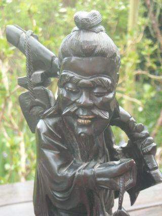 Vintage Carved Hardwood Oriental Statue Of A Fisherman - Japanese Or Chinese photo