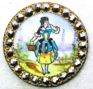 Antique Hand Paint Enamel Button Woman In Gold Flecked Dress Holds Basket 1&1/8 
