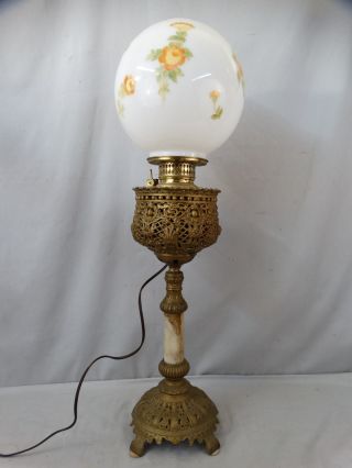 19thc Antique Art Nouveau Reticulated Brass & Onyx Victorian Parlor Banquet Lamp photo