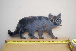 Old Antique Tin Cut Out Black Cat Figurine Glass Marble Eyes Metal Wall Art photo