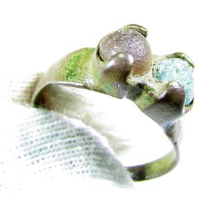 Rare Medieval Bronze Ring With Two Stones - Wearable - Uk Size L - Gh53 photo