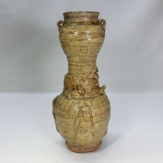 E268: Chinese Pottery Ware Flower Vase With Good Relief Work Rare Style. photo