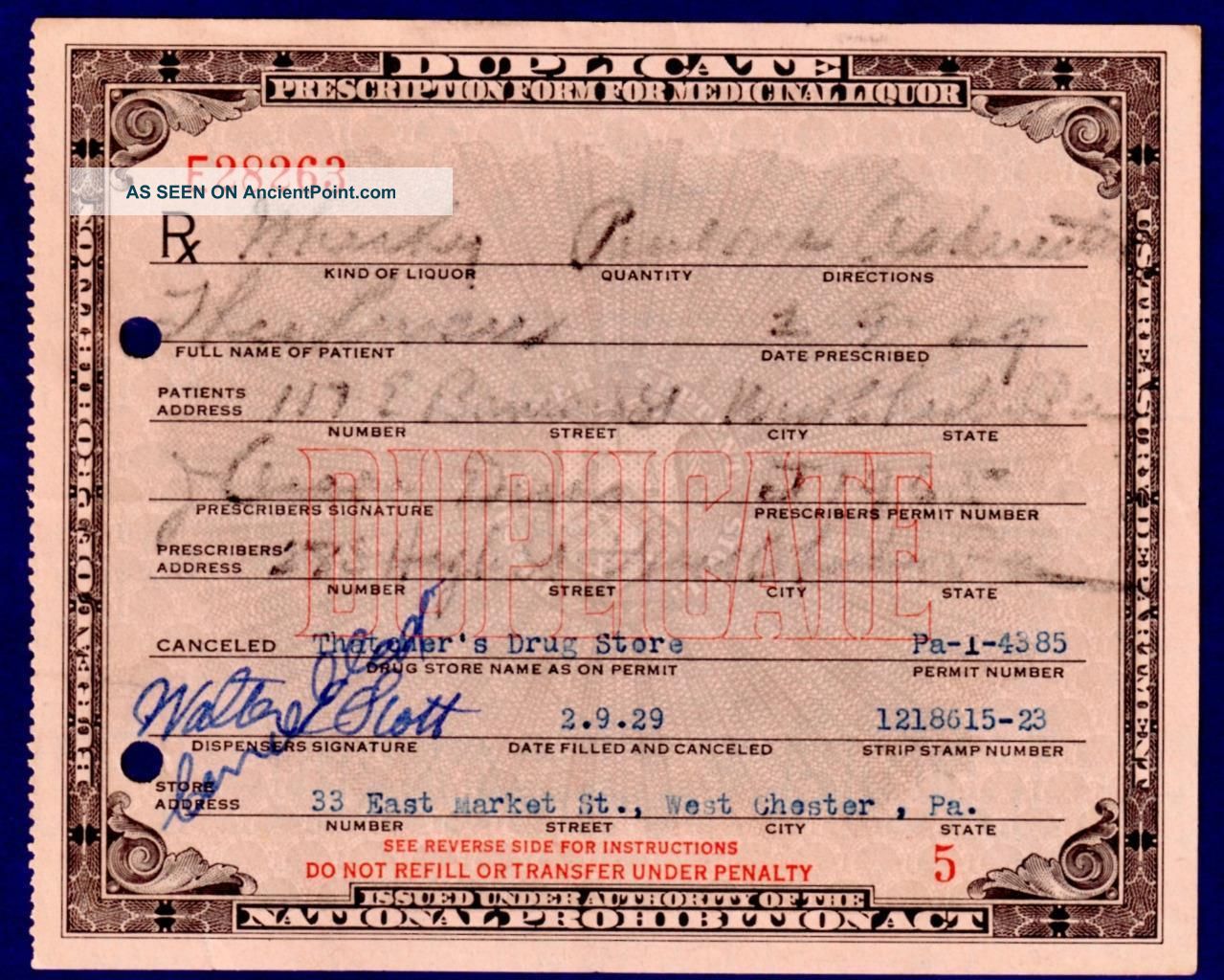 Prohibition Prescription Whisky Pharmacy Doctor Antique 1929 West Chester Pa Bar Other Medical Antiques photo