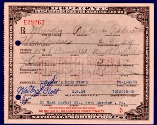 Prohibition Prescription Whisky Pharmacy Doctor Antique 1929 West Chester Pa Bar photo