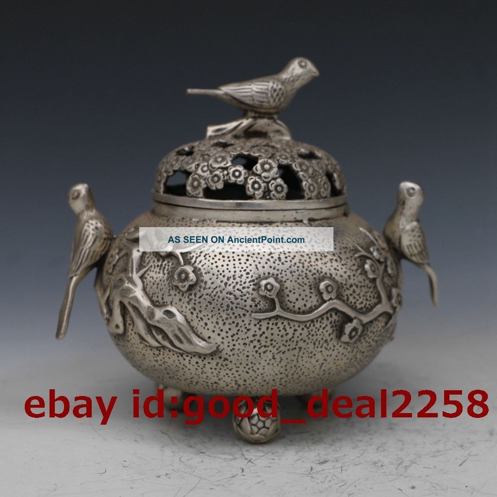 Chinese Silver Handwork Magpie & Plum Incense Burner & Hollow Out Lid Incense Burners photo