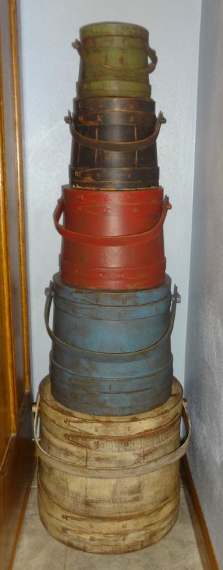 Large Stack Of 5 Old Painted Firkin - Sugar Bucket - Graduated Sizes photo