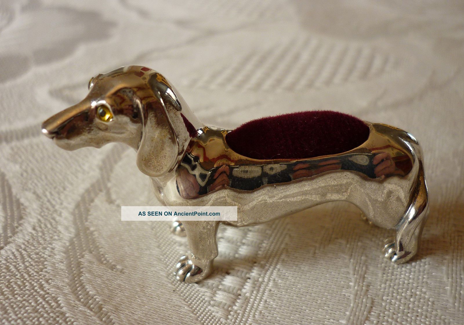 Solid Sterling Silver Dachshund Dog Pin Cushion With Glass Eyes (burgandy) Other Antique Sterling Silver photo