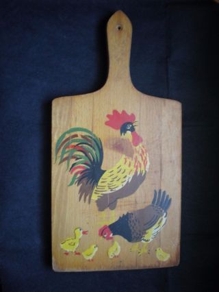 Primitive Painted Wood Vintage Farm Rooster Rustic Bread Cutting Board photo