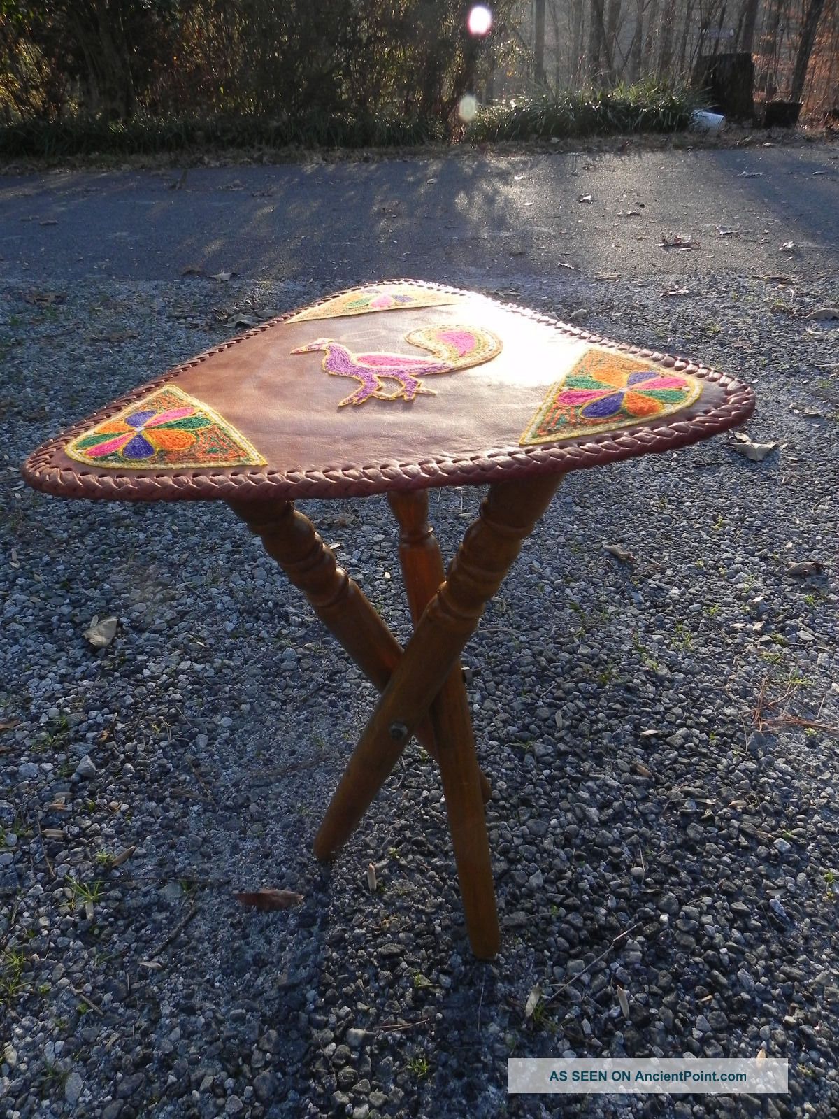 Folkart Bohemian Three - Legged Leather Stool Seat Hand Embroidered Primitives photo