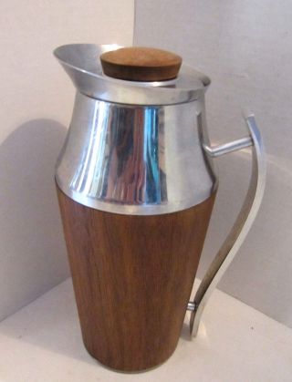Vintage Danish Modern Wood & Stainless Carafe Thermos Pitcher.  11 